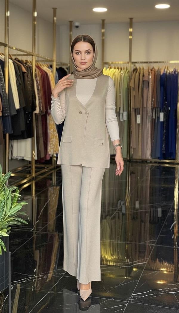 Armine TREND Çift Düğme Detaylı Yelekli Triko Takım Koyu Taş 25YTD6117