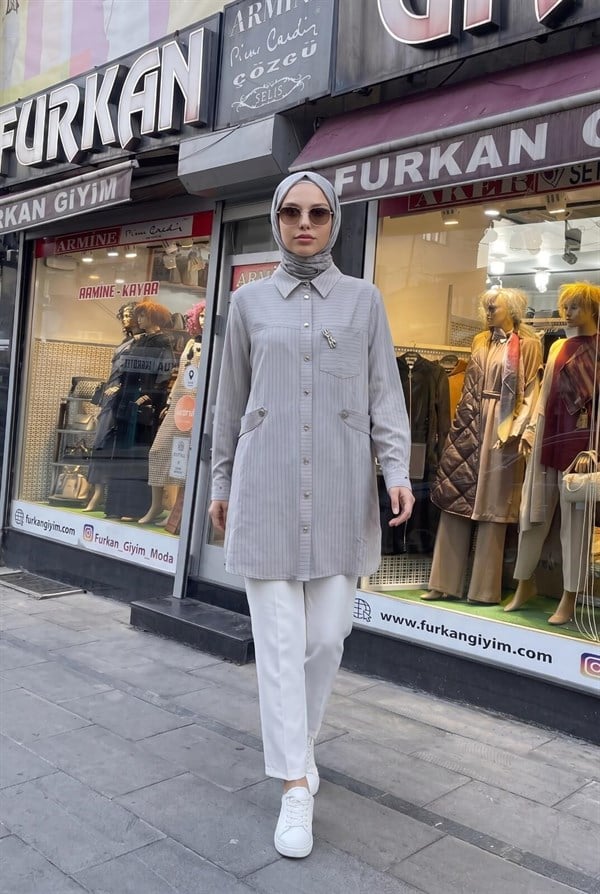 Armine Trend Çizgili Metal Düğmeli Lüks Tunik Bej 26yt401