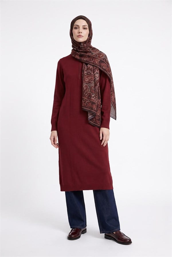 Armine TREND Fermuarlı Düz Uzun Triko Tunik Bordo 25KTD411