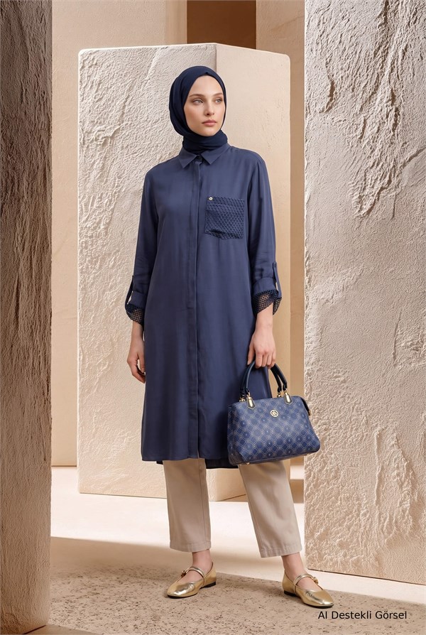 Armine TREND File Detaylı Gizli Düğmeli Tunik İndigo 26YT458