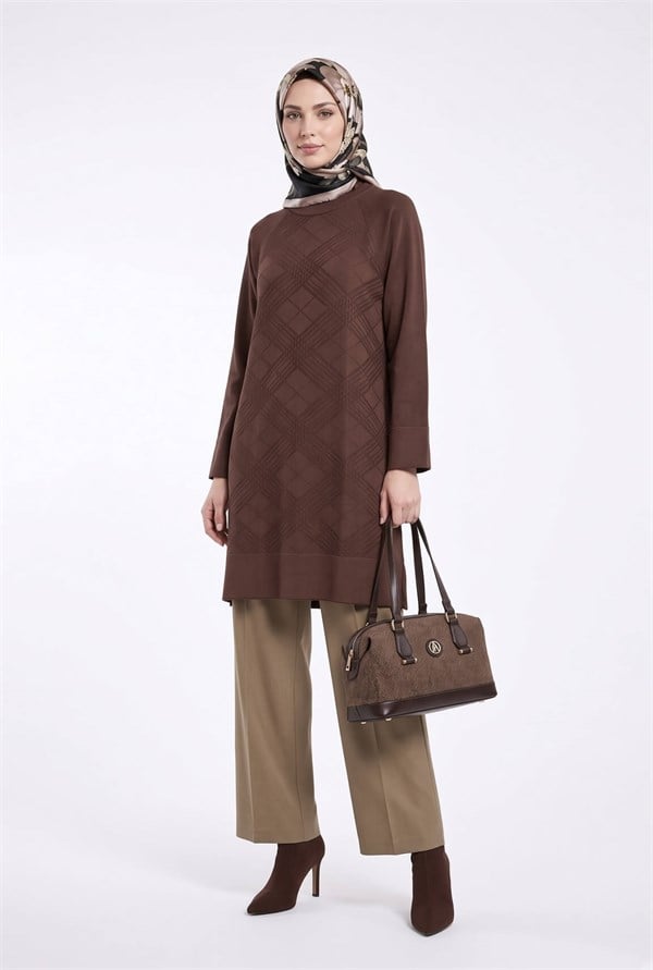 Armine TREND Geometrik Dokuma Desenli Triko Tunik Mocha 26KTD411