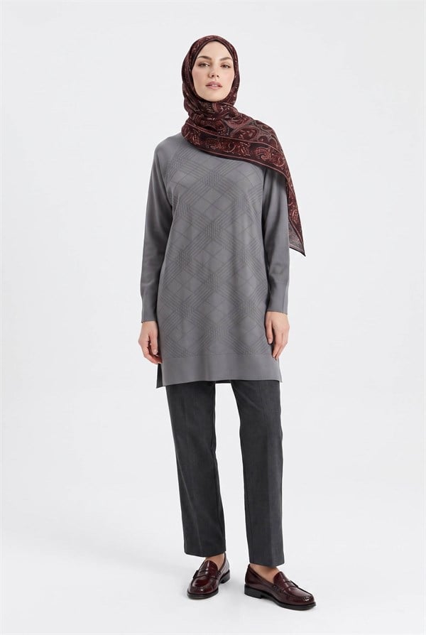 Armine TREND Geometrik Dokuma Desenli Triko Tunik Gri 26KTD411