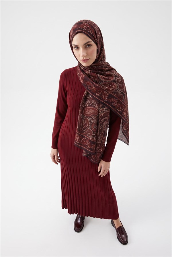Armine TREND Kendinden Çizgili Triko Elbise Bordo 25KTD901