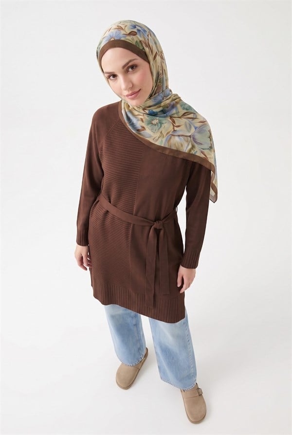 Armine TREND Kuşaklı Çizgili Uzun Triko Tunik Kahverengi 26ktd410