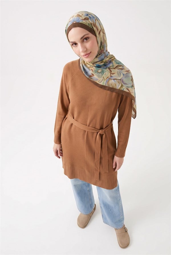 Armine TREND Kuşaklı Çizgili Uzun Triko Tunik Koyu Taş 26ktd410