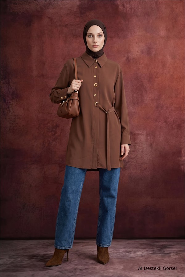 Armine TREND Kuşgözü Bağlamalı Dökümlü Tunik Camel 26kt431