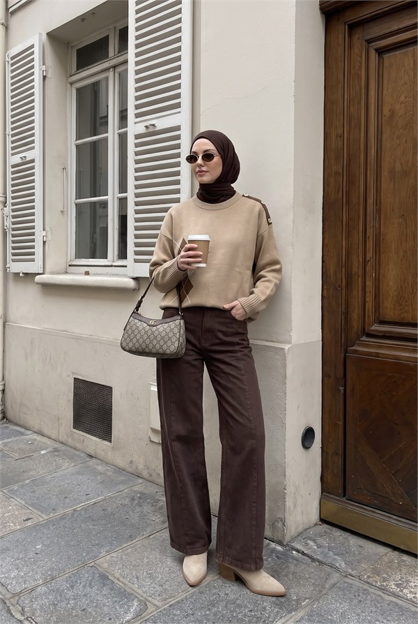 Armine TREND Omuz Düğmeli Baklava Desenli  Triko Tunik Koyu Taş 26ktd420
