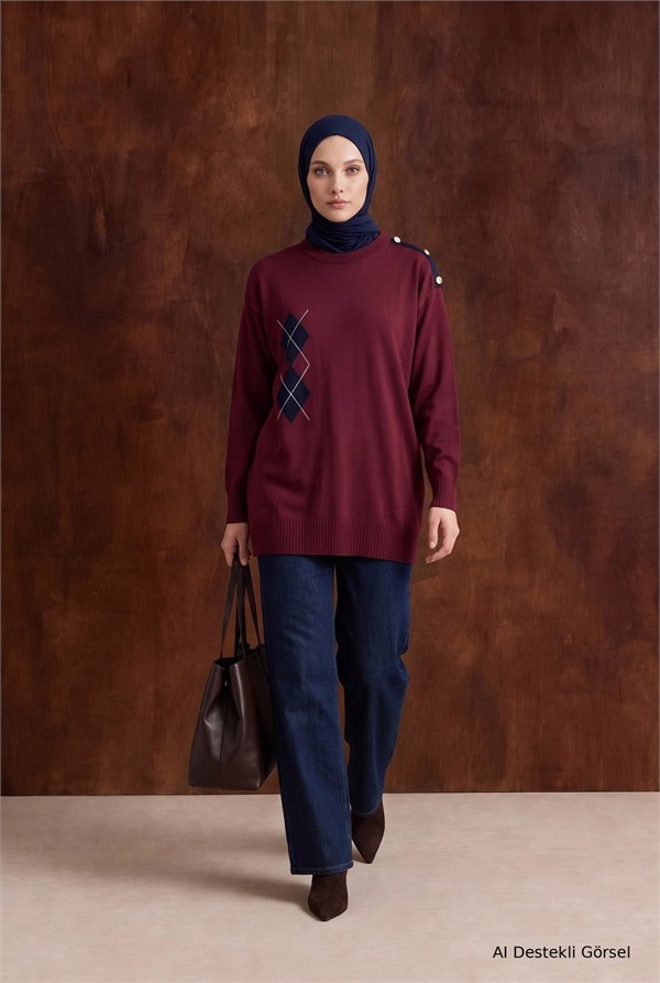 Armine TREND Omuz Düğmeli Baklava Desenli  Triko Tunik Bordo 26ktd420