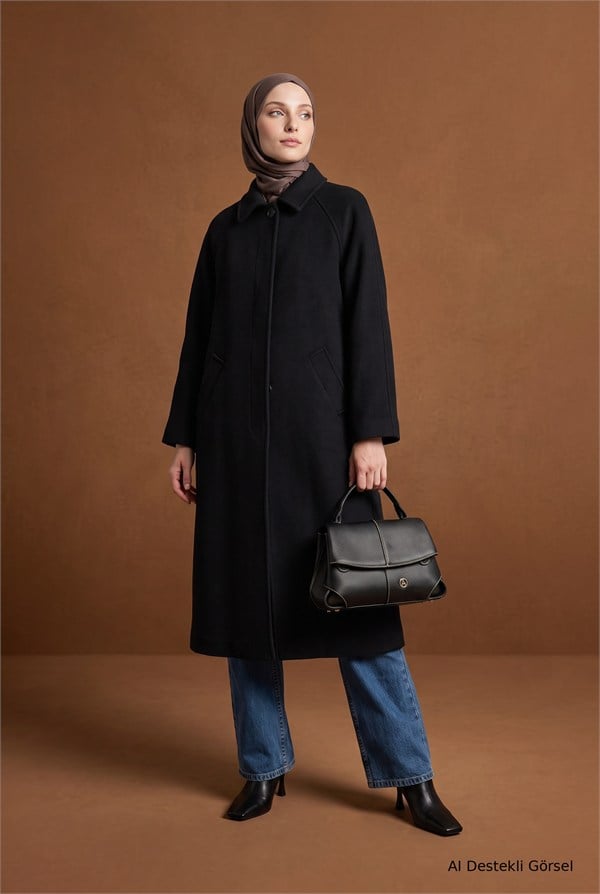 Armine TREND Oversize Reglan Kol Astarlı Trençkot Kaban Siyah 26kt733