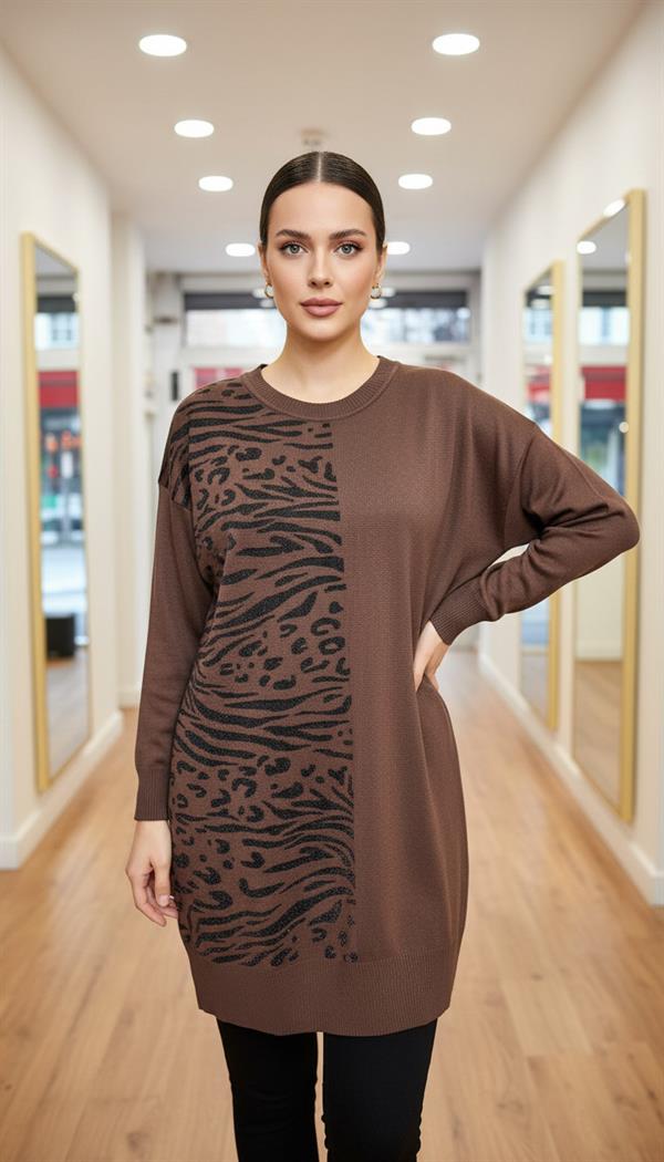 Armine TREND Sim Detaylı Zebra Desen Triko Tunik Kahverengi 25KTD4116