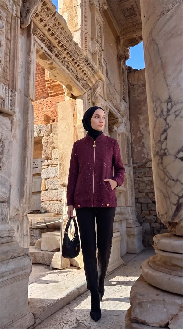 Armine TREND Simli Tüvit Fermuarlı Ceket Bordo 25kt507