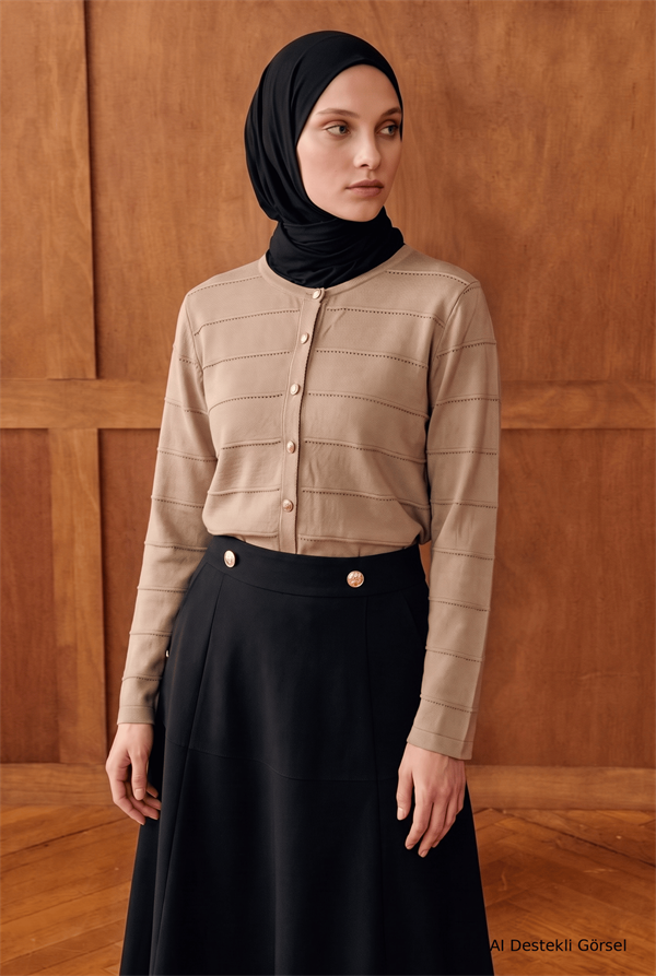Armine TREND Tam Boy Düğmeli Bisiklet Yaka Yatay Çizgili Hırka 70 Cm Boy Koyu Taş 26KTD505