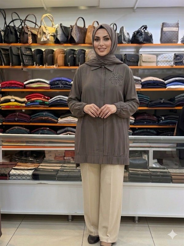 Armine TREND Yakası Palmiye İşlemeli  Fermuarlı Tunik Vizon 26YT405