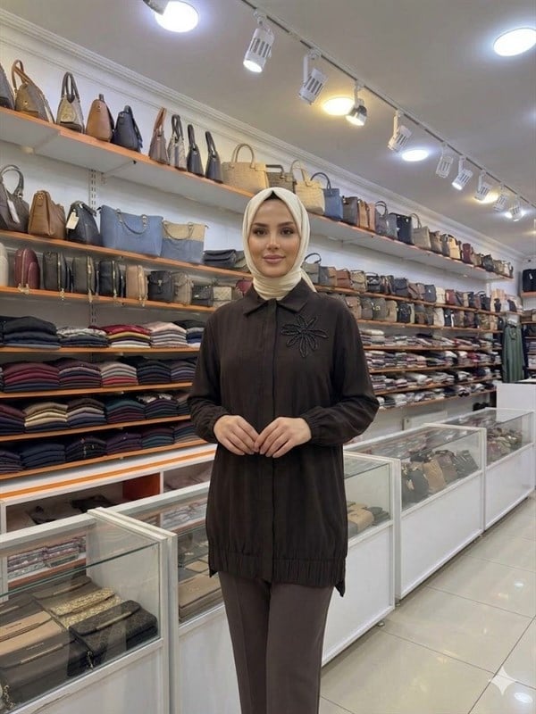 Armine TREND Yakası Palmiye İşlemeli  Fermuarlı Tunik Koyu Kahverengi 26YT405