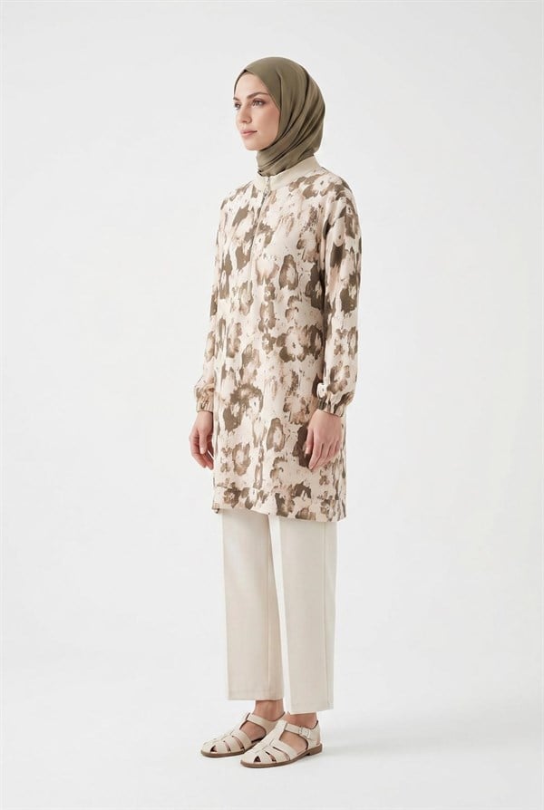 Armine TREND Yarım Fermuarlı Baskı Desenli Tunik Ekru 26YT473