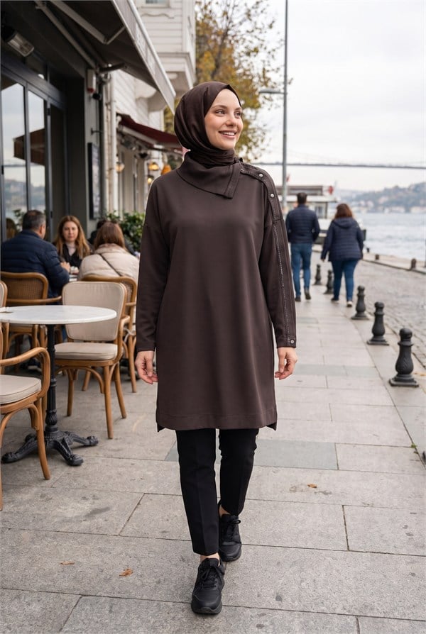 Avenna Asimetrik Yaka Oversize Tunik Kahve 26KA411
