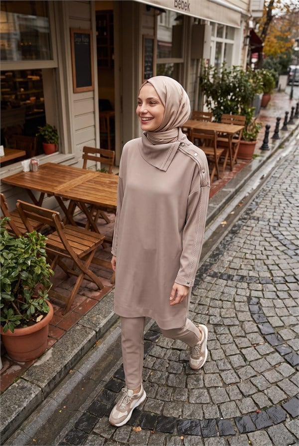 Avenna Asimetrik Yaka Oversize Tunik Taş 26KA411