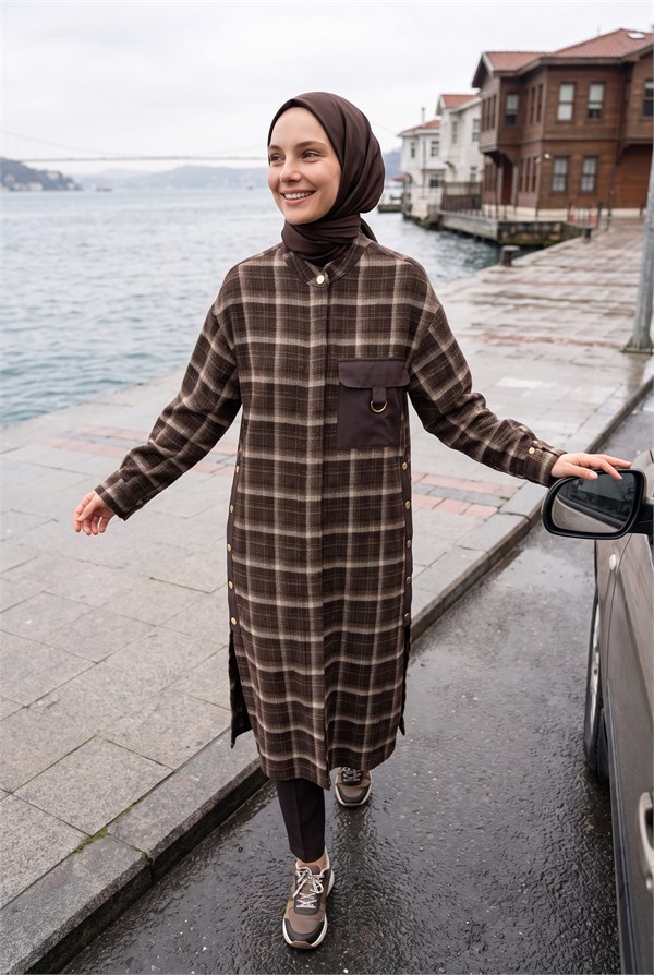Avenna Hakim Yaka Ekoseli Kahverengi Tunik 26KT421