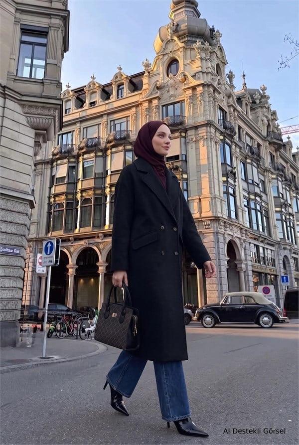 Avenna Kruvaze Yaka Düşük Omuz Kaşe Kaban Siyah 26kt738