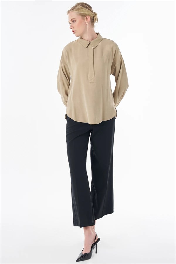 Kayra Yarım Pat Basic Bluz Bej KA-SZ-10512