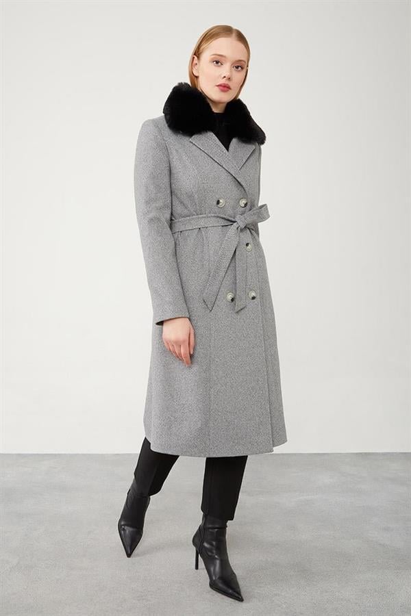 Levidor Yakası Kürklü Bayan Kaban Siyah 570031