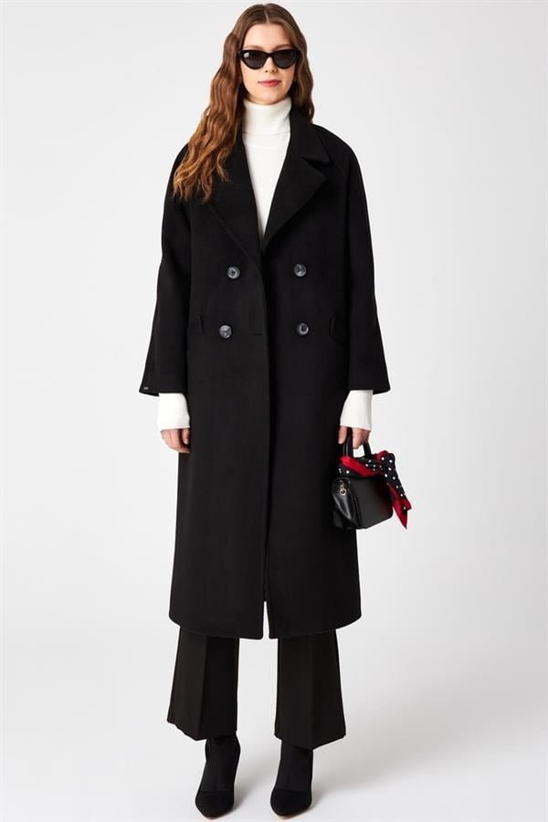 Zühre Kruvaze Yaka Cep Detaylı Kaşe Siyah Kaban 13300