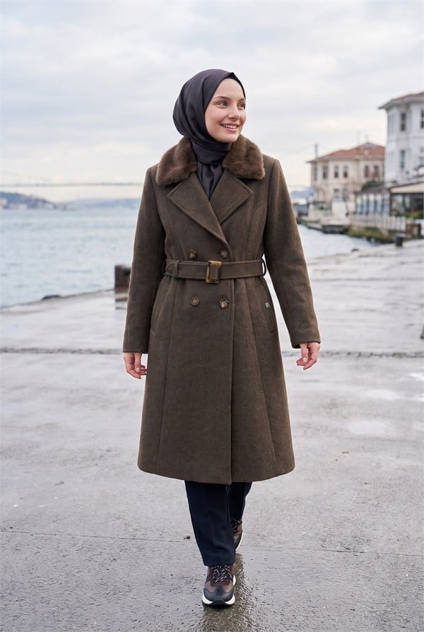 Zühre Kürk Yakalı Kemerli Kruvaze Acı Kahve Comment Kaban 14181