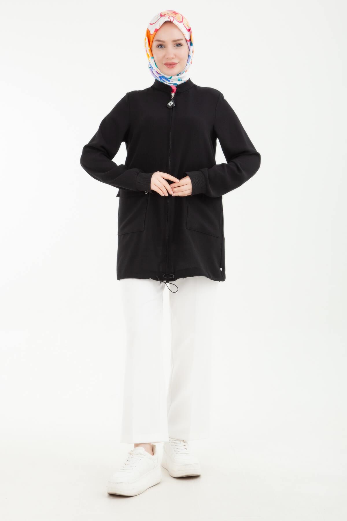 ARMİNE TREND Krep Kumaşlı Etek Uçları Lastikli Ceket Tunik Siyah 24YT534