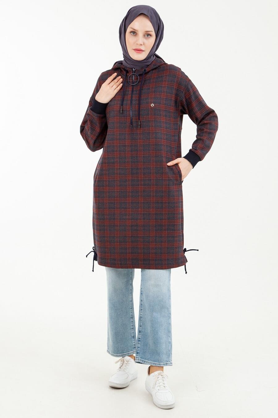 Armine Trend Ekose Desenli Önden Fermuarlı Kapüşonlu Tunik Bordo 23KT443
