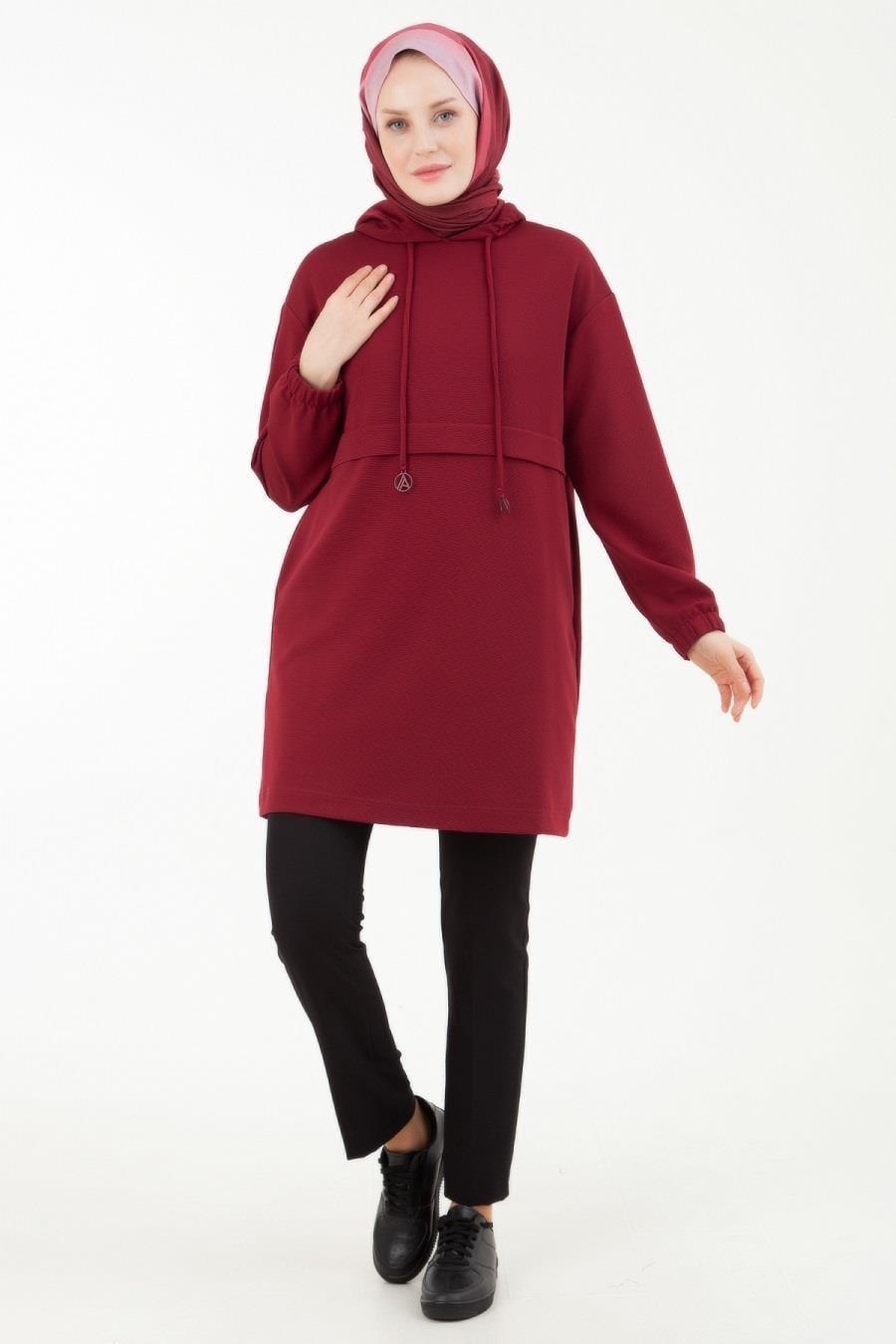ARMİNE TREND Kapşonlu Bağcıklı Tunik Bordo 23KT446