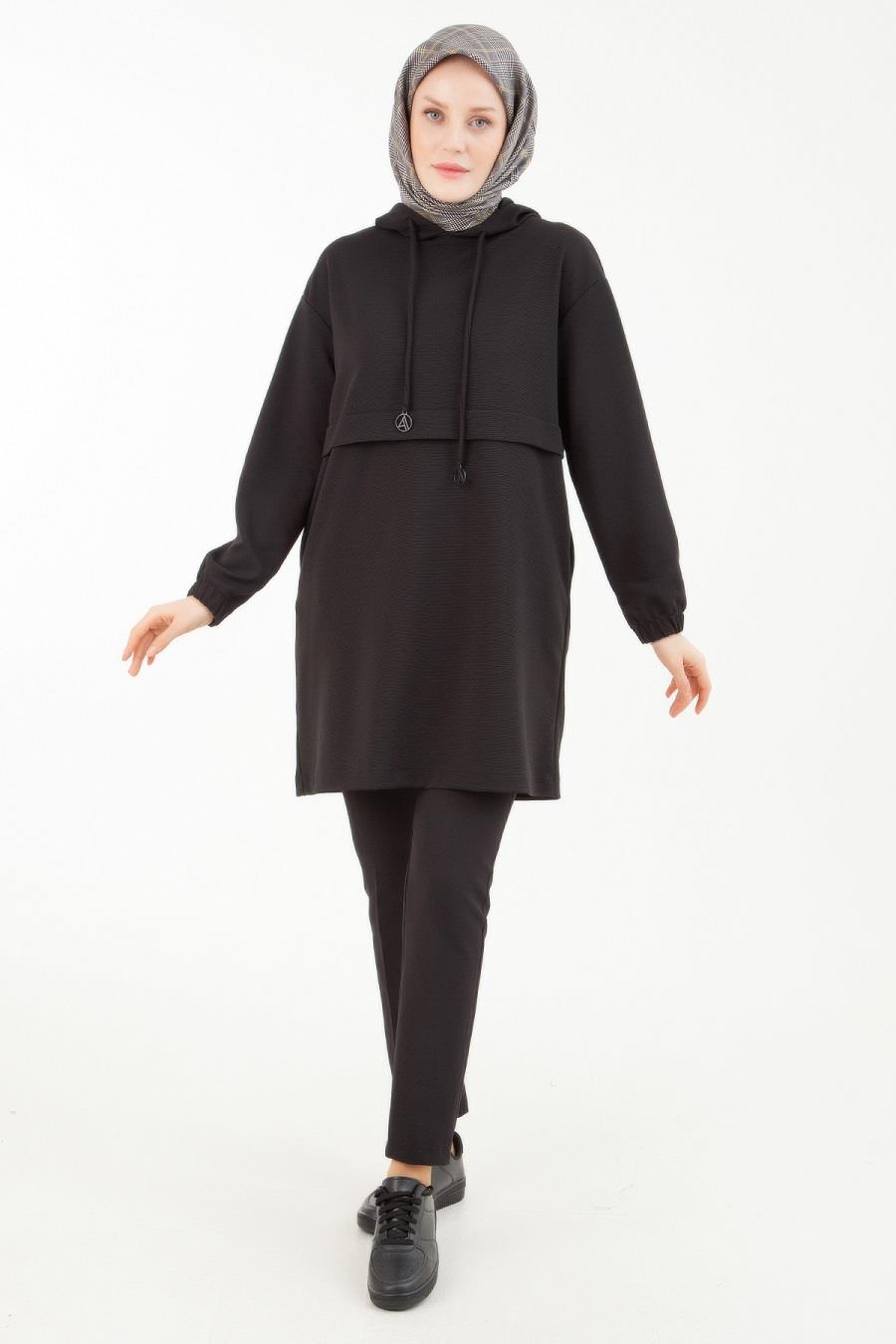 ARMİNE TREND Kapşonlu Bağcıklı Tunik Siyah 23KT446