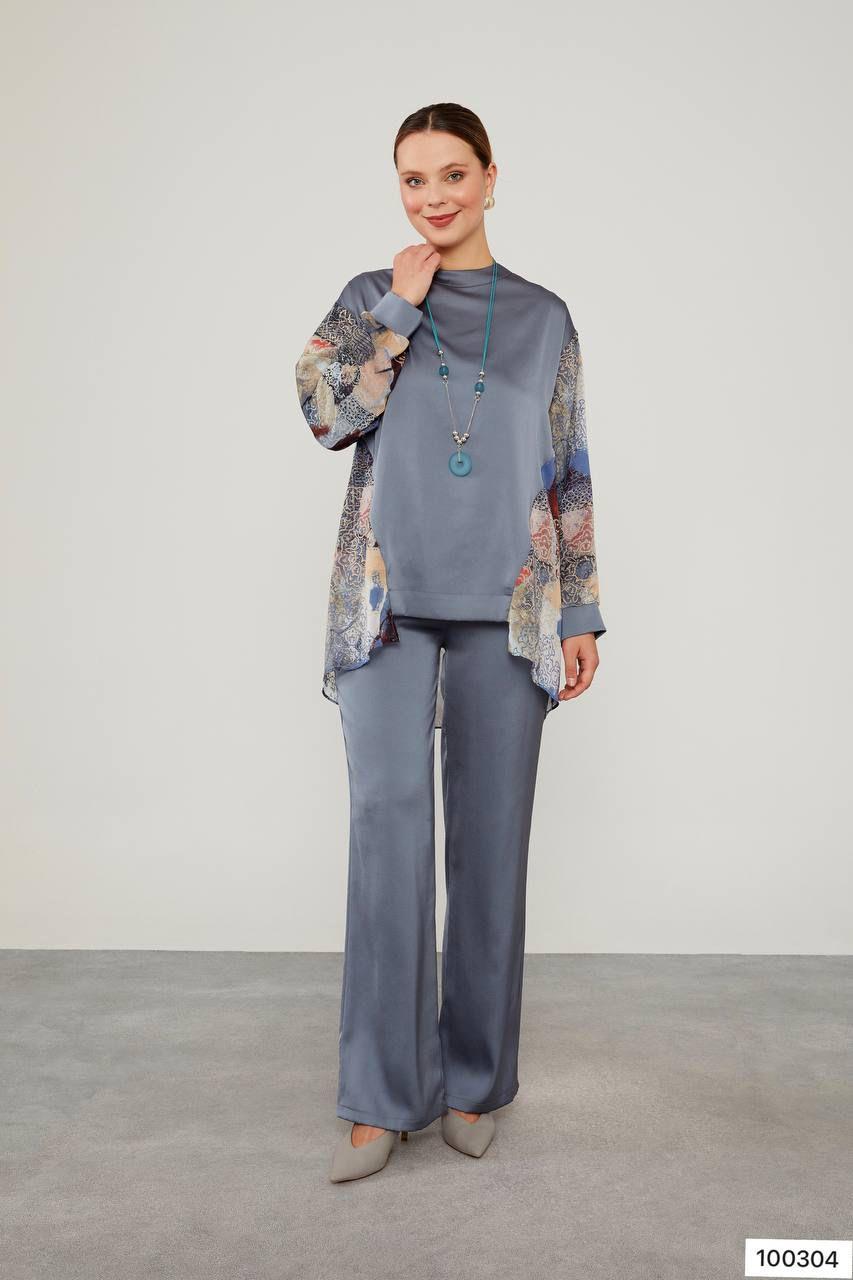 Levidor Desenli Şifonlu 2'li Takım İndigo