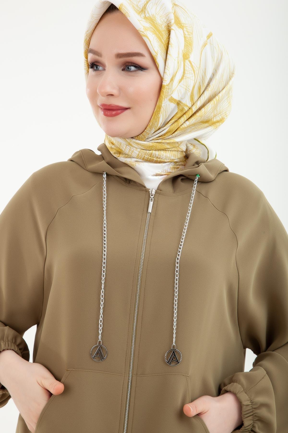 ARMİNE TREND Kapüşonlu Zincir Detaylı Fermuarlı Giy Çık Yağ Yeşili