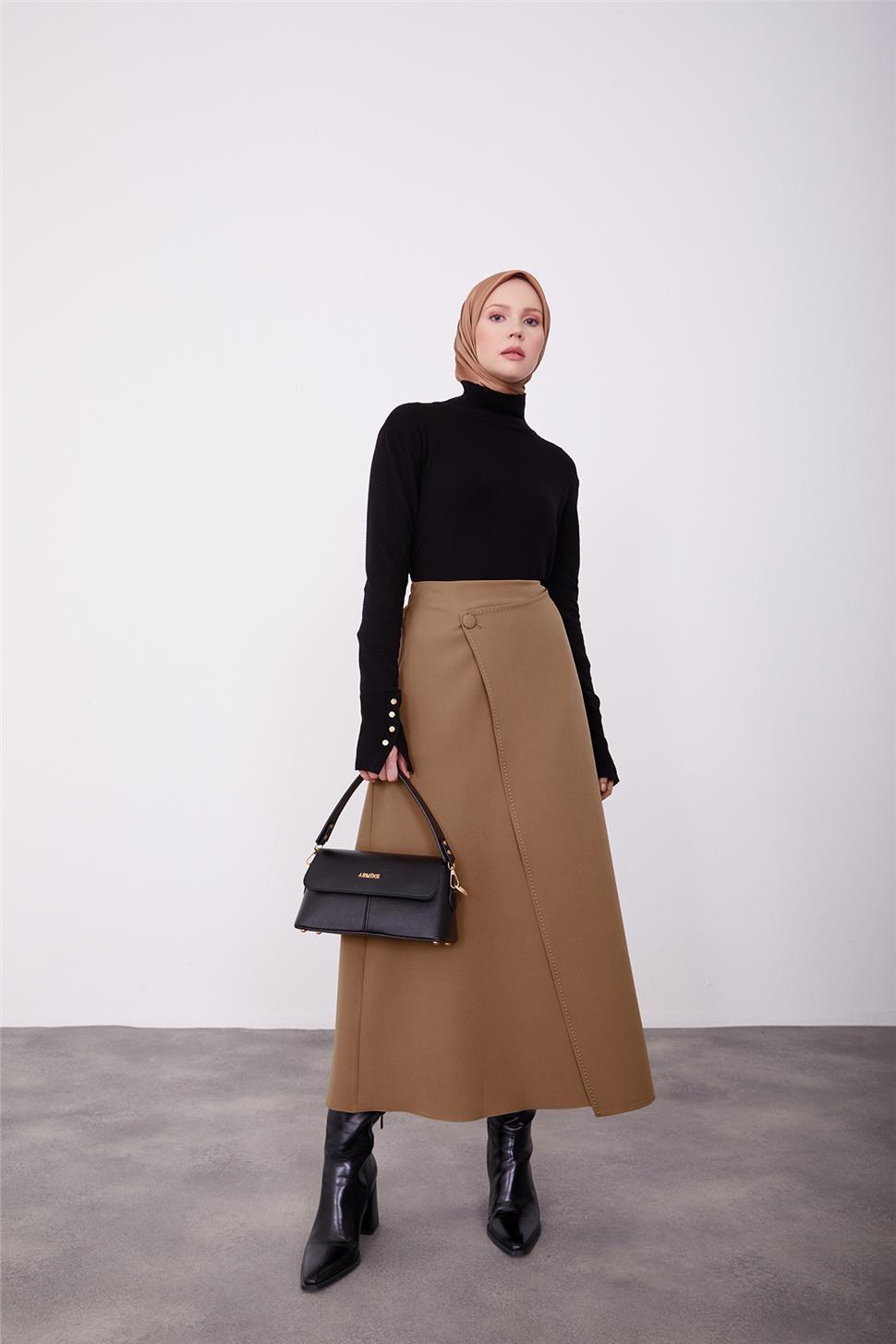 Armine Önü Asimetrik Örme Etek 23K1521 Badem