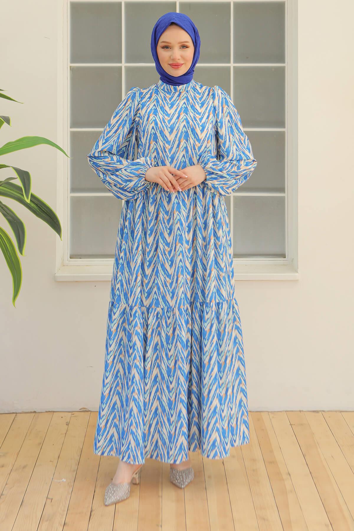 Armine Trend Desenli Elbise Mavi 24YT914