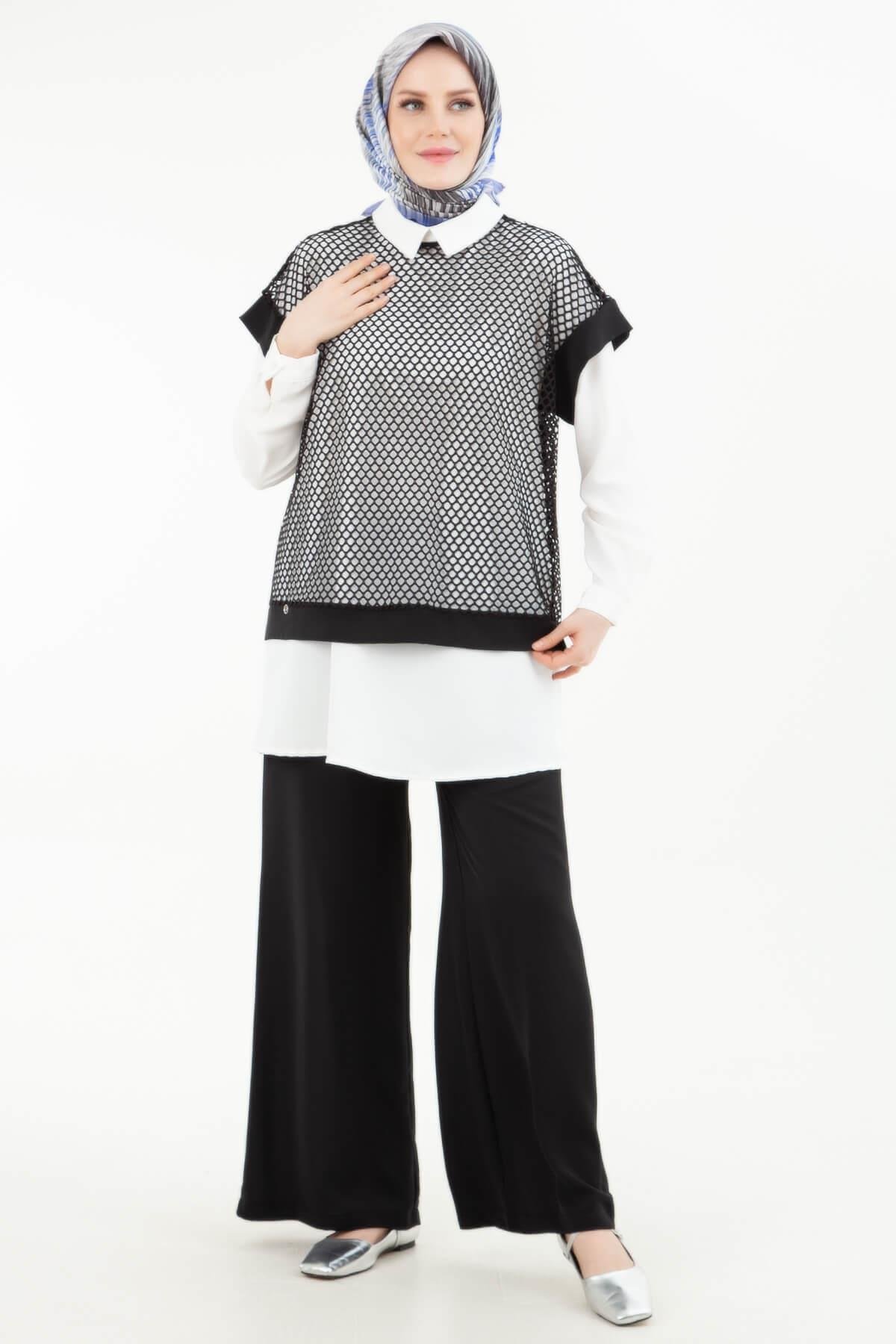 ARMİNE TREND Beli Lastikli Pantolonlu Basic Gömlekli Fileli Üçlü Takım Siyah 24YT633