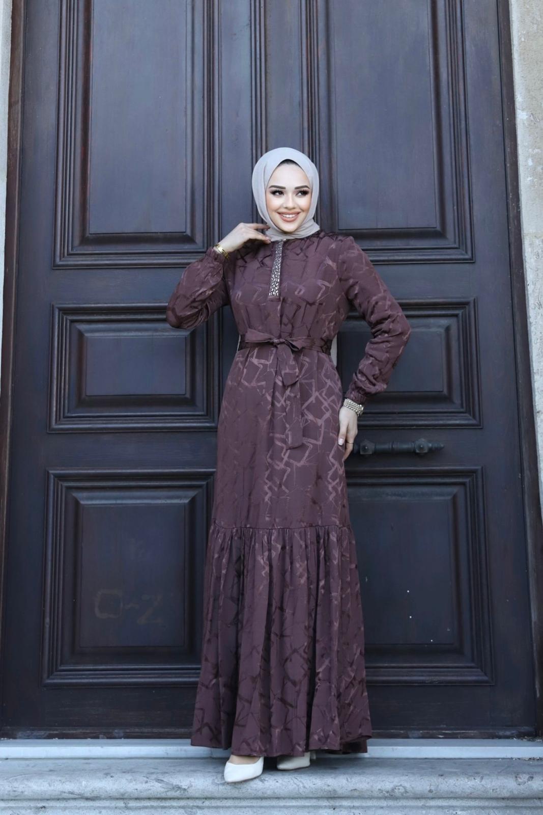 NOSHE Jakarlı Elbise Kahverengi