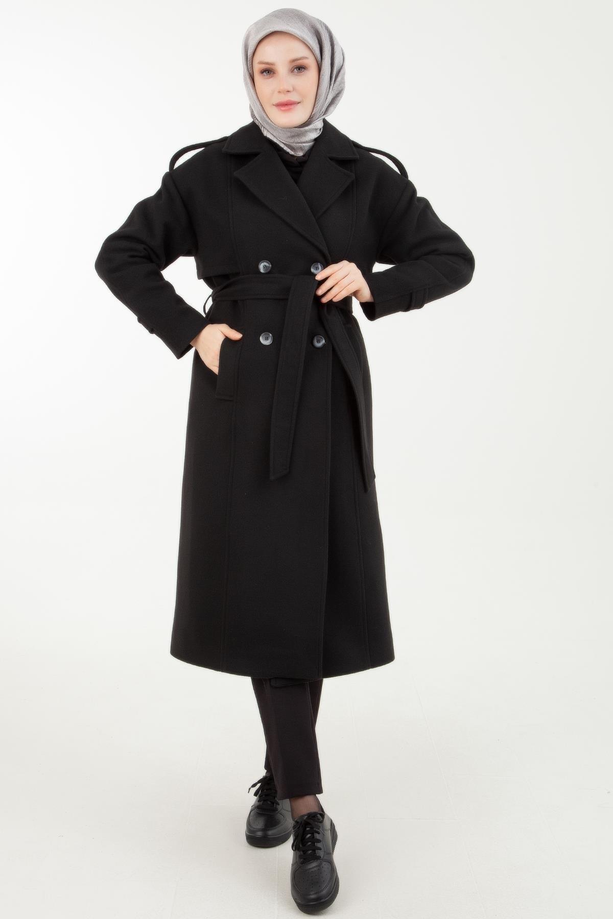 Armine Trend Kruvaze Kapama Yanlardan Cepli Kaşe Kaban-Siyah 23KT727