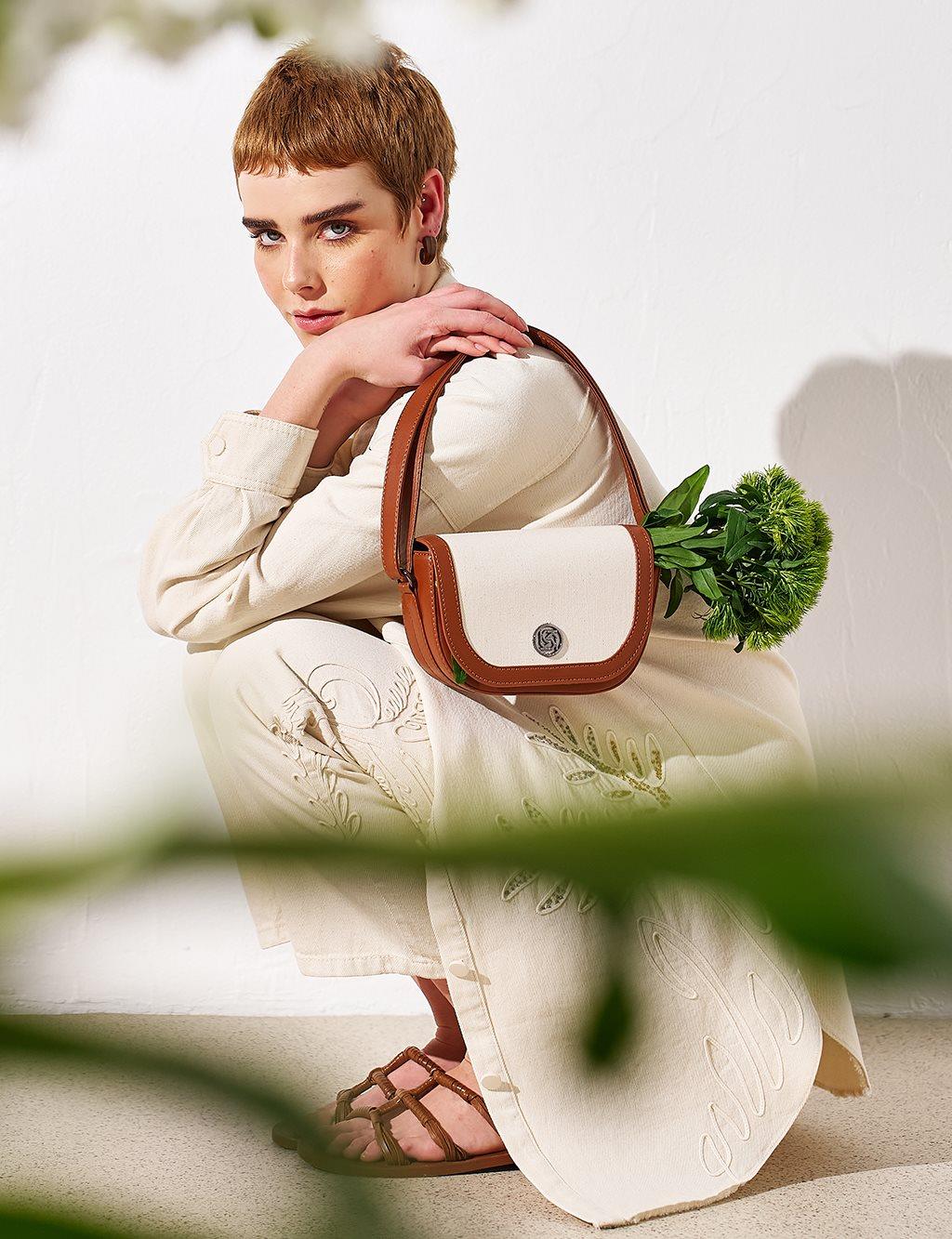 KAYRA Suni Deri Karışımlı Kanvas Omuz Çantası Taba KA-B24-CNT47-51