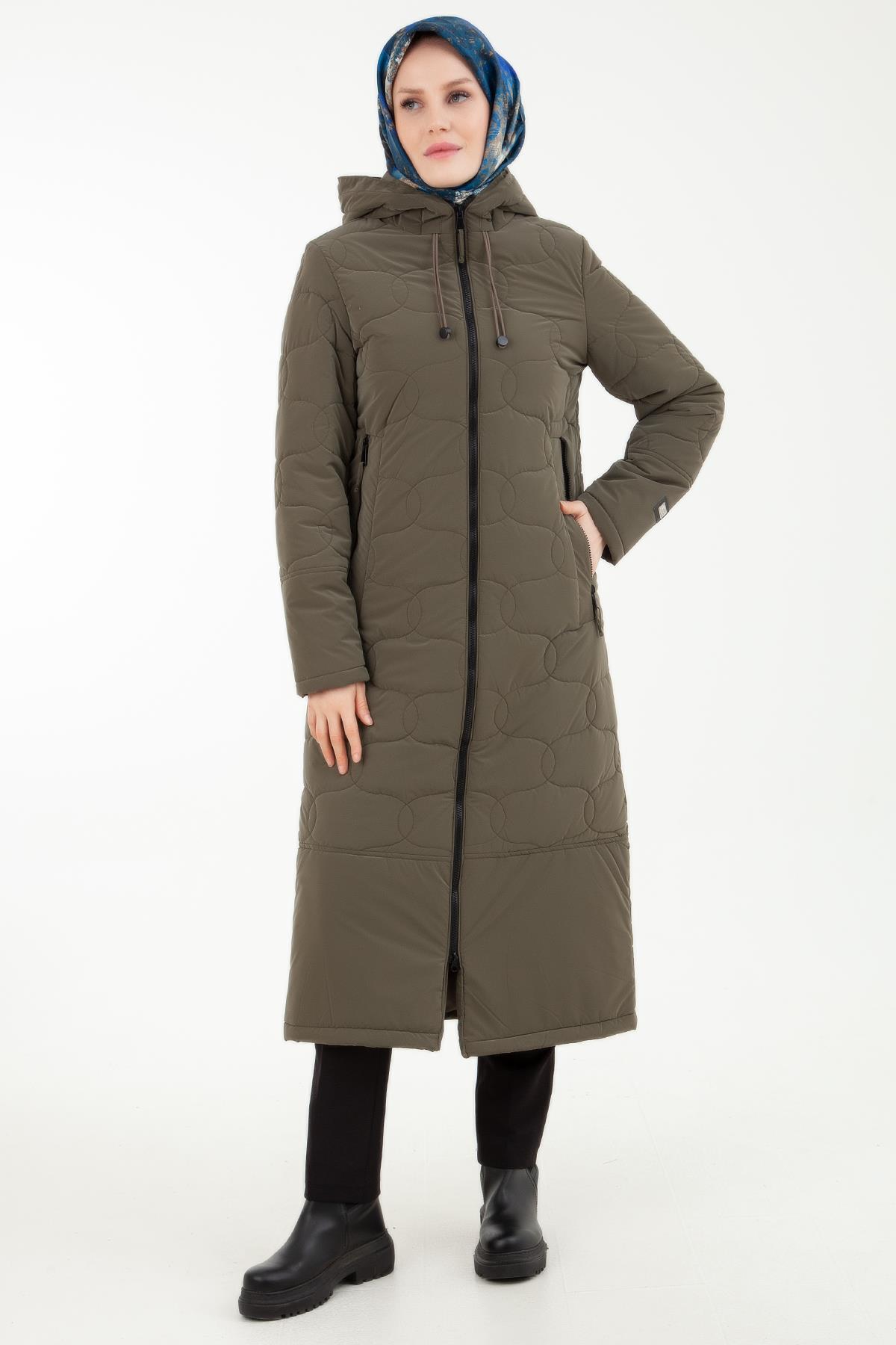 ARMİNE TREND Kapüşonlu Önden Fermuarlı Cepleri Fermuarlı Kapitone Mont-Haki 23KT746