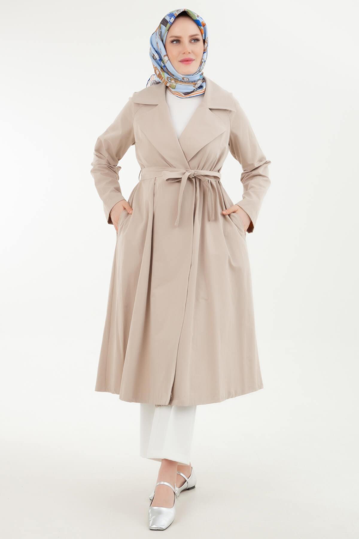 ARMİNE TREND Kruvaze Kapamalı Yanlardan Cepli Kuşak Trençkot Taş 24YT706