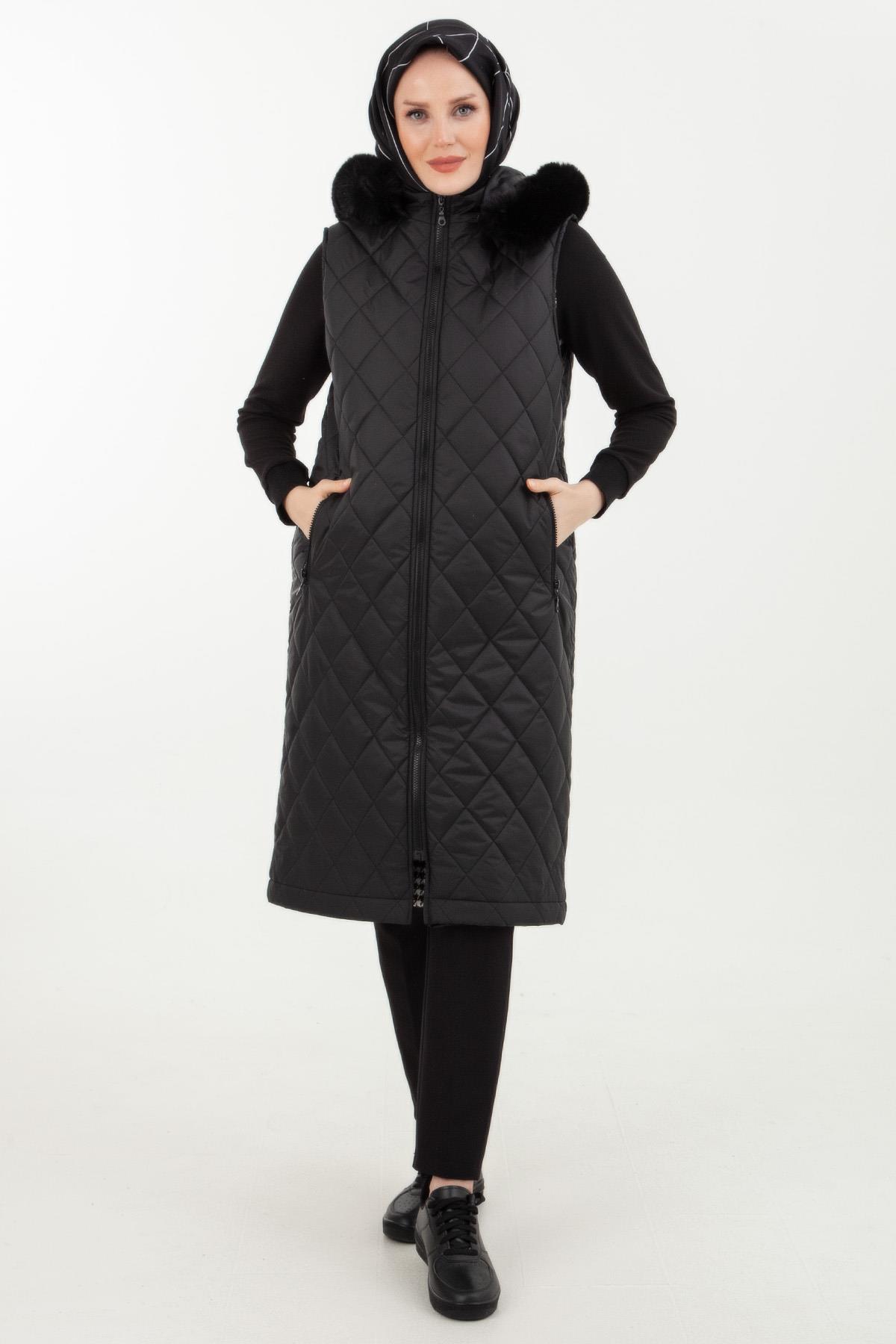 Armine Trend Kapitone Kapüşonlu Kışlık Yelek Siyah 23KT544