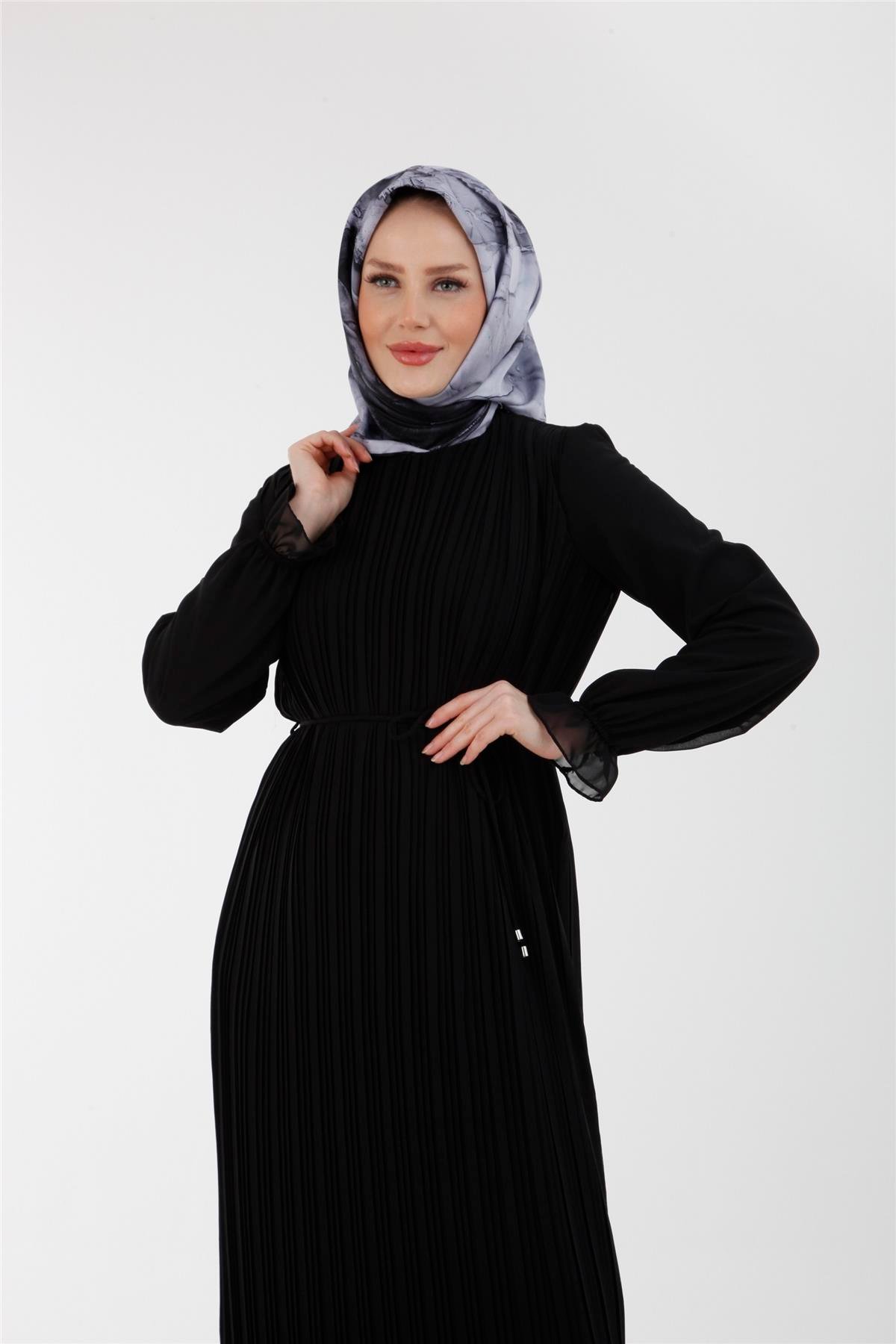 Armine 23YT910 Şifon Pilise Elbise Siyah