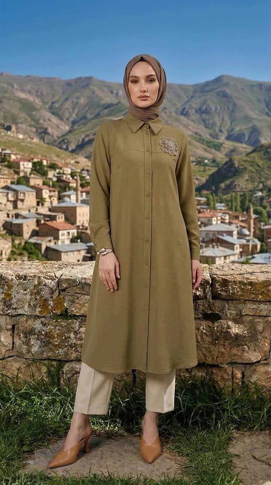 Armine TEND Çiçek Detaylı Tunik Yağ Yeşili 26YT403