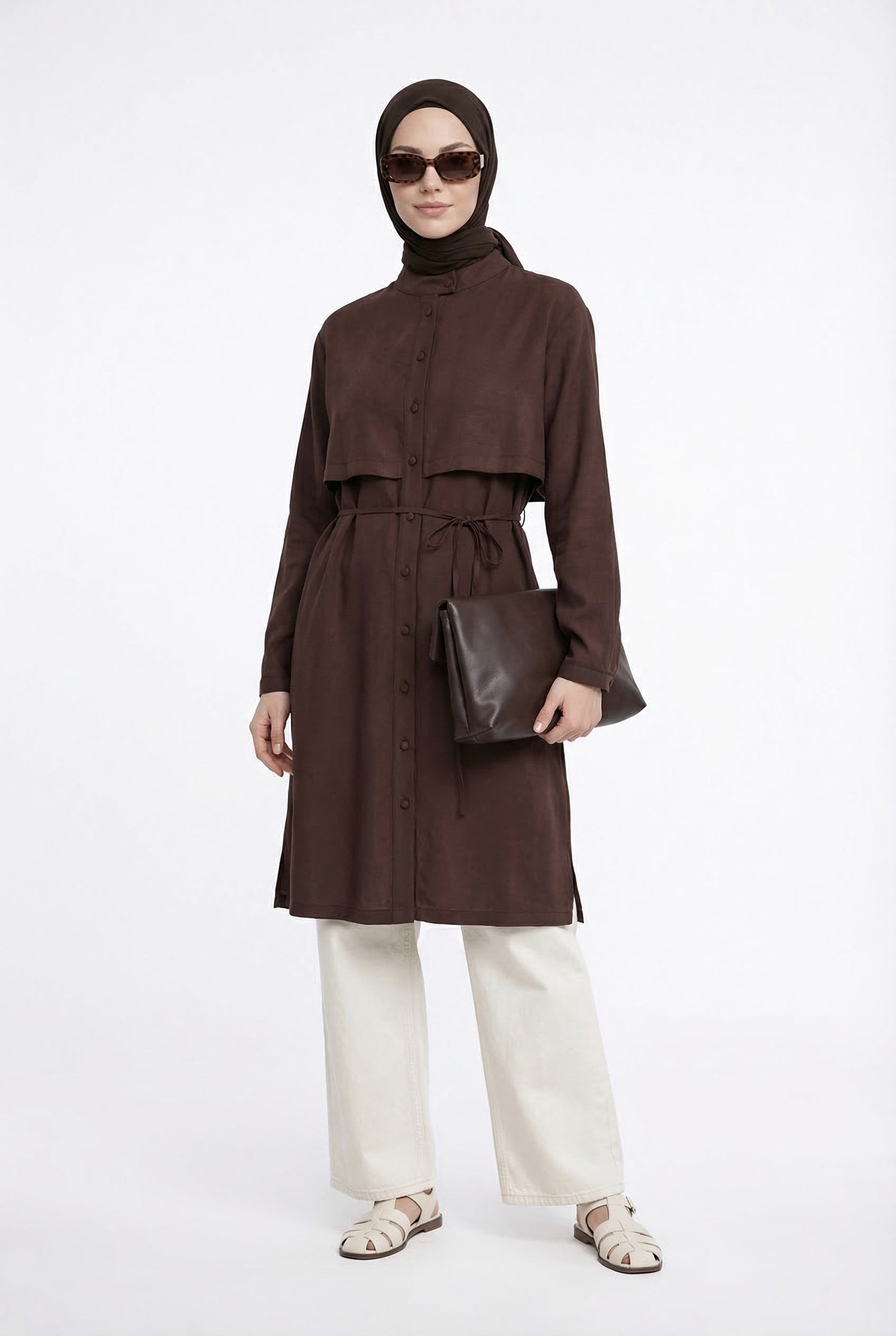 Armine TREND Aller Detaylı Beli İpli Uzun Tunik Kahverengi 26YT412