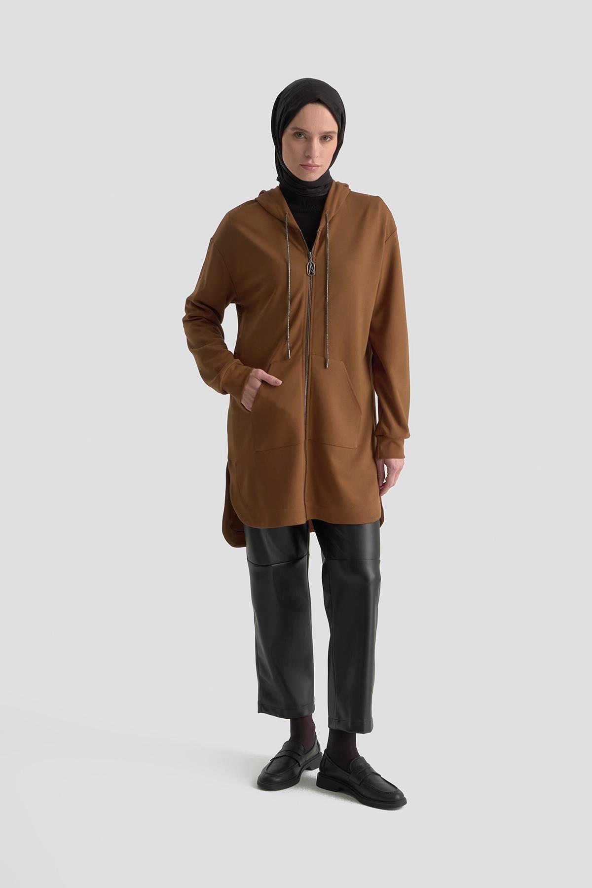 Armine TREND Bağcıklı Kapüşonlu 2 İplik Tunik Taba 25KT448