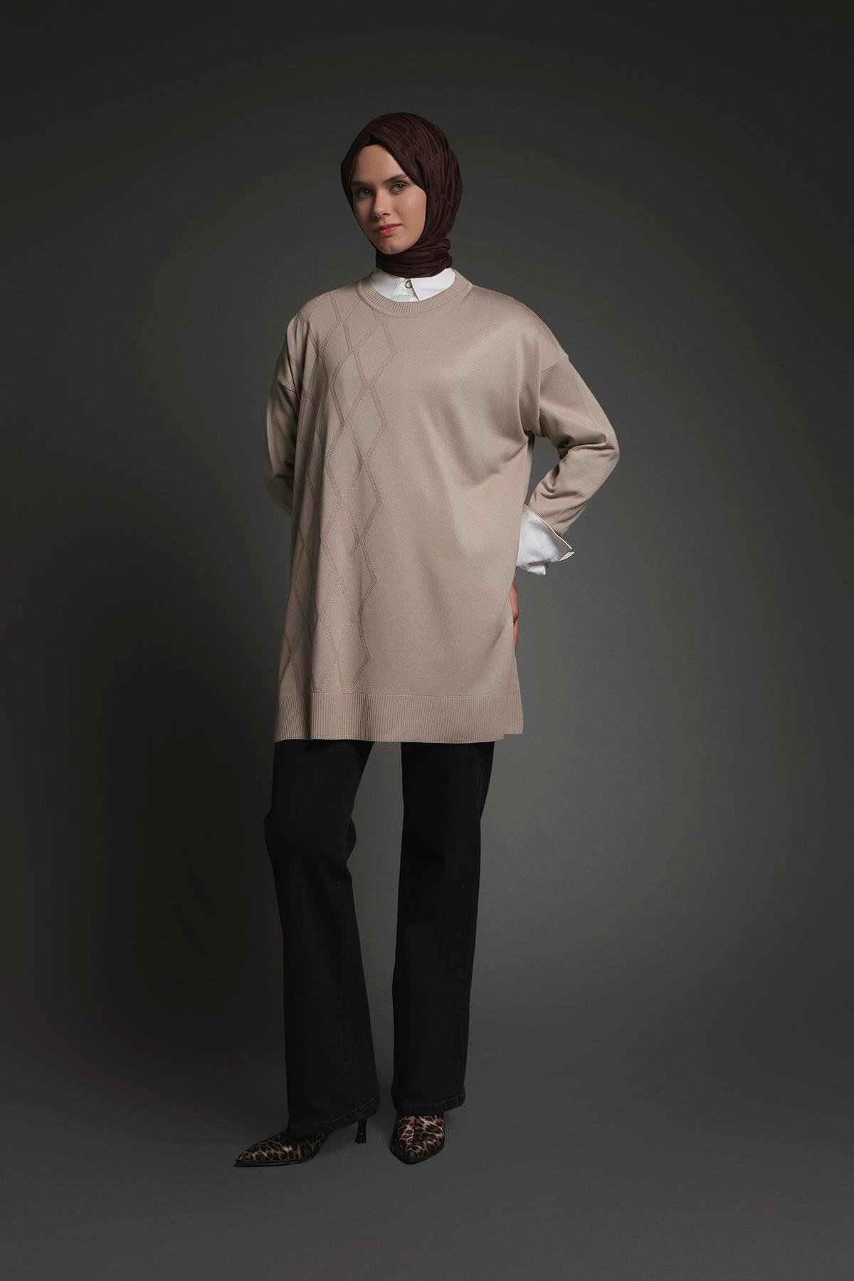 Armine TREND Baklava Desen Detaylı Triko Tunik Koyu Taş 25YTD4118