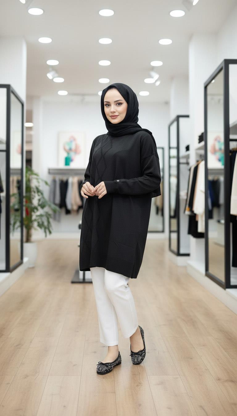 Armine TREND Baklava Desen Detaylı Triko Tunik Siyah 25YTD4118