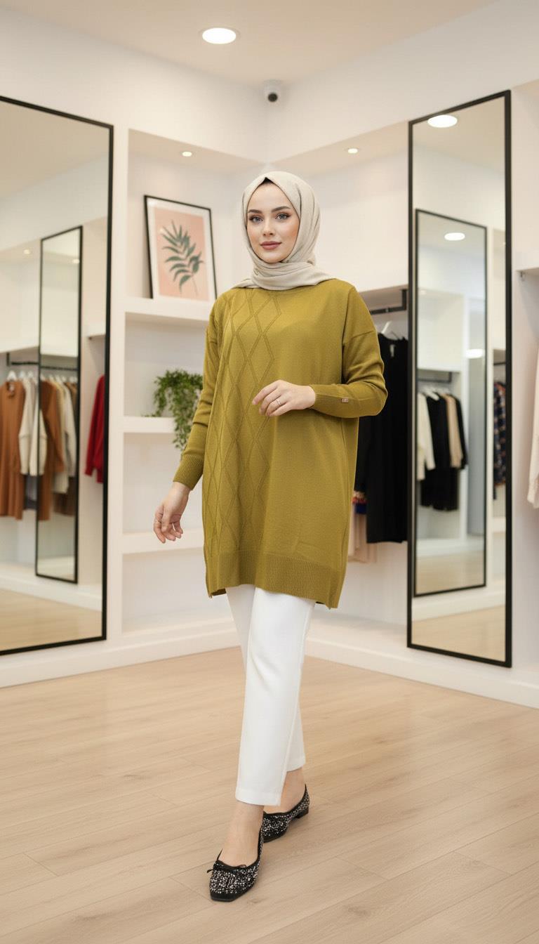 Armine TREND Baklava Desen Detaylı Triko Tunik Yağ Yeşili 25YTD4118