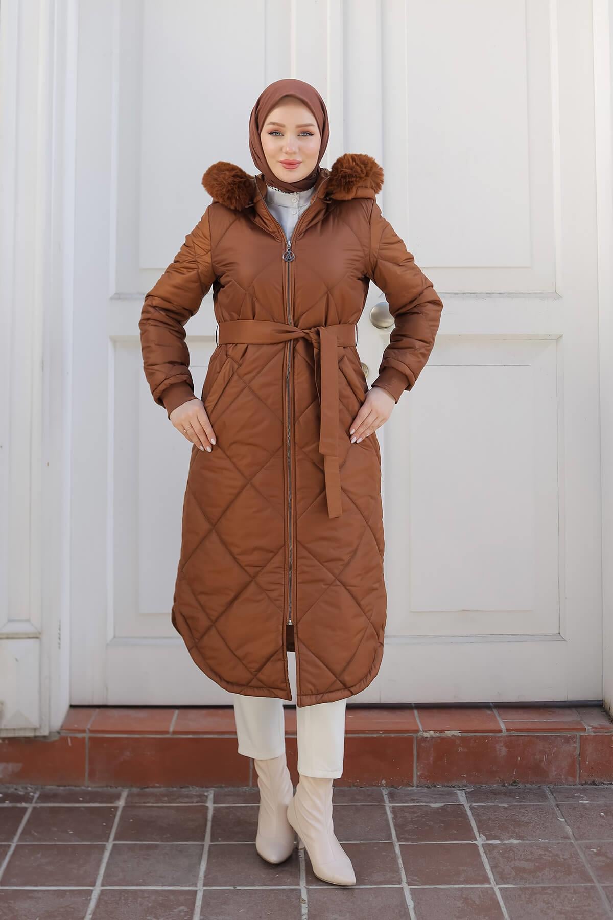 Armine Trend Baklava Desen Kuşaklı Mont Badem 24KT709